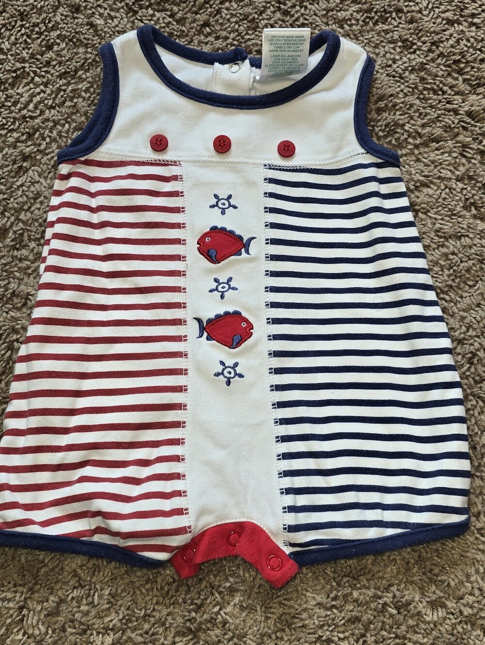 Baby Okie Dokie Nautical Romper 0-3M Red Blue Striped Fish Sunsuit